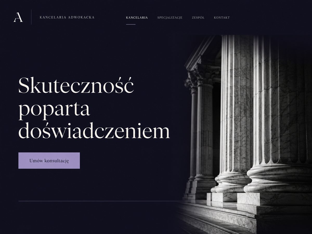Projekt strony kancelarii adwokackiej — granatowy hero z marmurowymi kolumnami