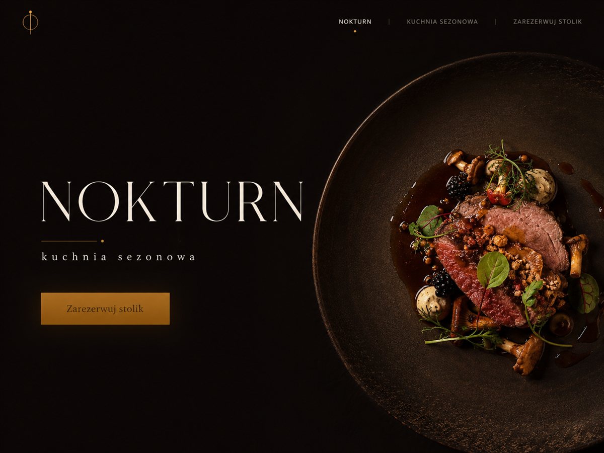 Projekt strony restauracji fine dining — ciemny, elegancki hero z rezerwacją stolika