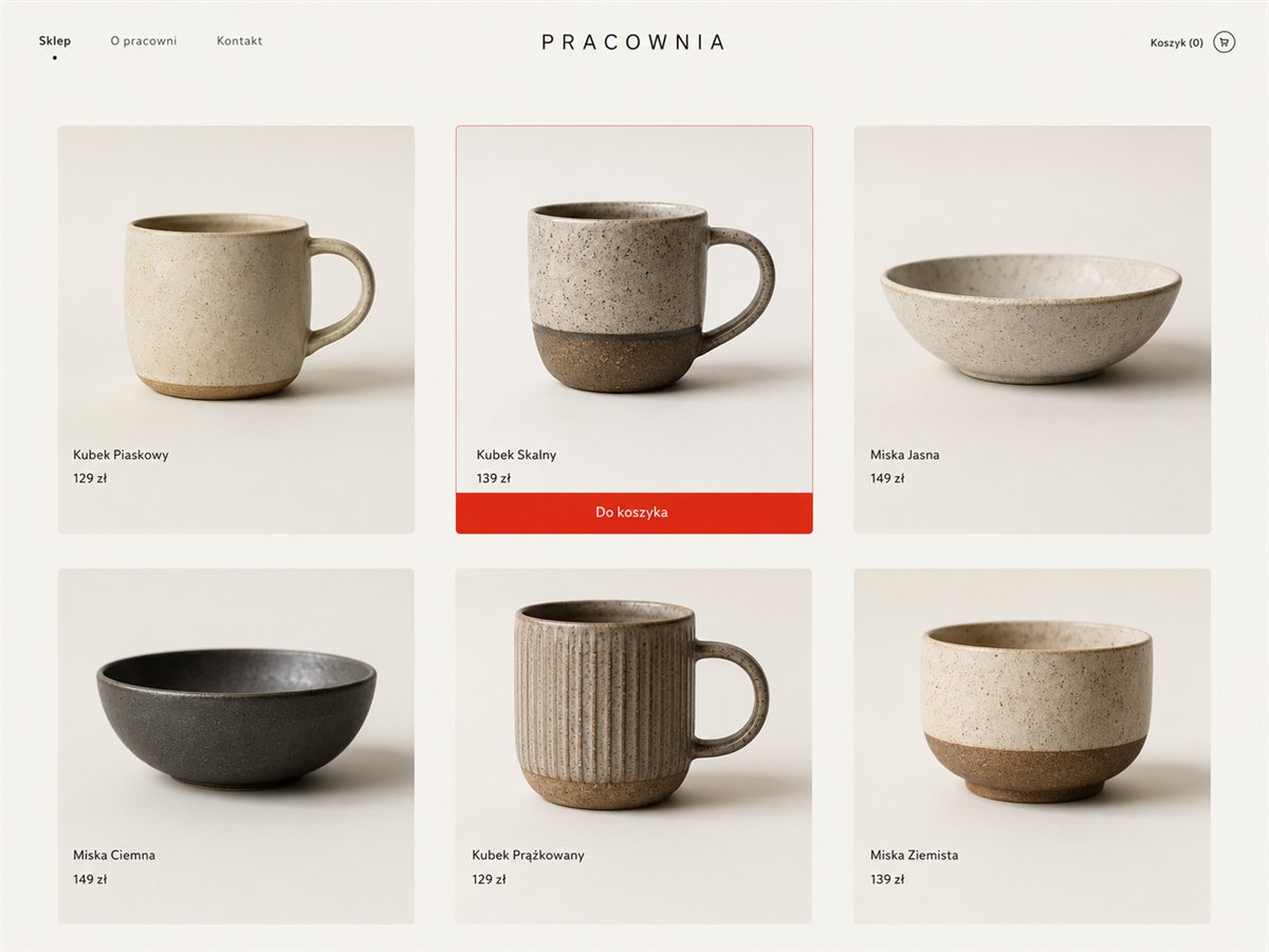 Projekt minimalistycznego sklepu internetowego z ceramiką — siatka produktów z koszykiem